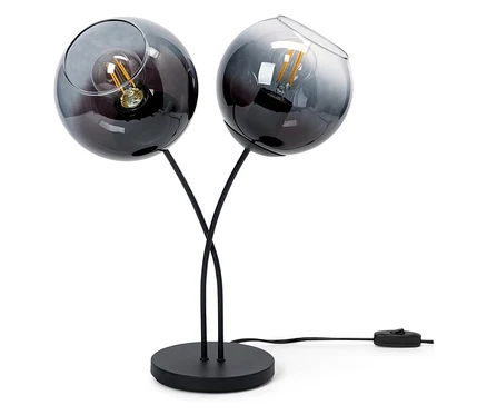 Čierna stolná lampa s dvoma sklenenými tienidlami v tvare gule.