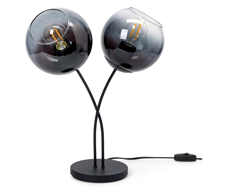 Čierna stolná lampa s dvoma sklenenými tienidlami v tvare gule.