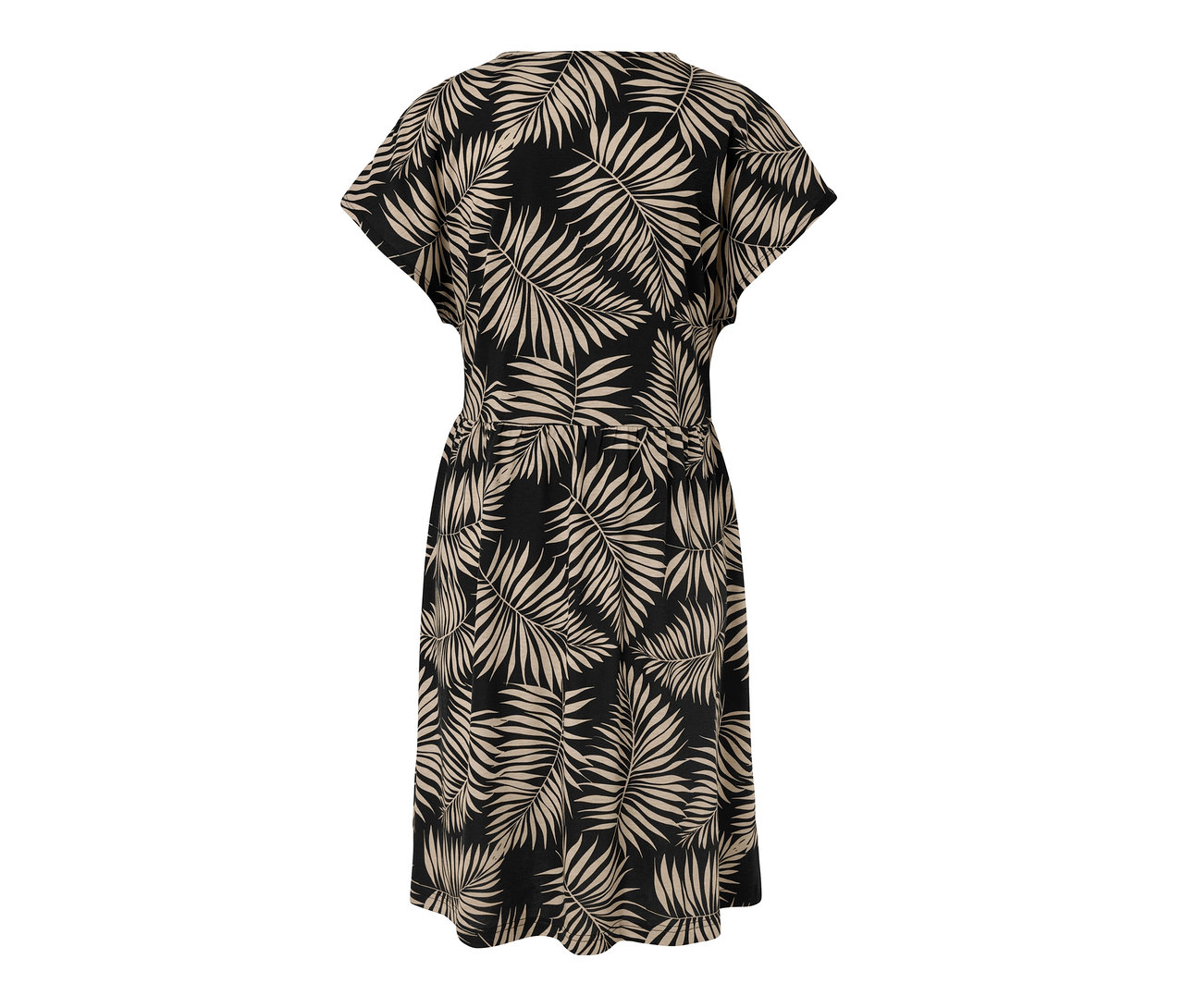 Čierno-béžové džersejové šaty s potlačou listov zozadu.