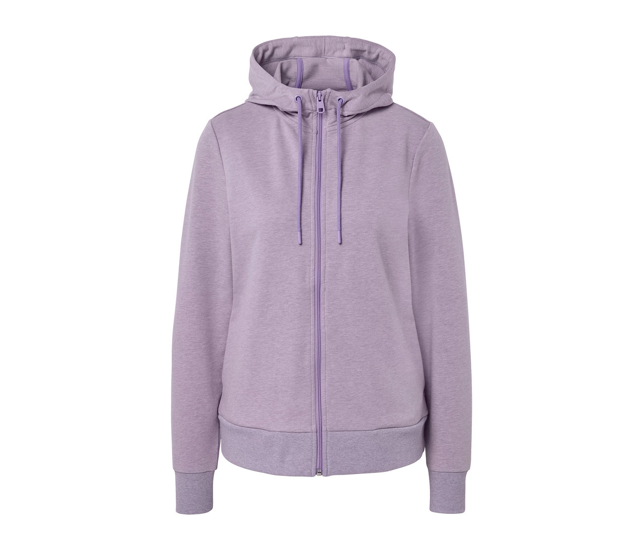 Fialová mikina so zipsom a kapucňou.