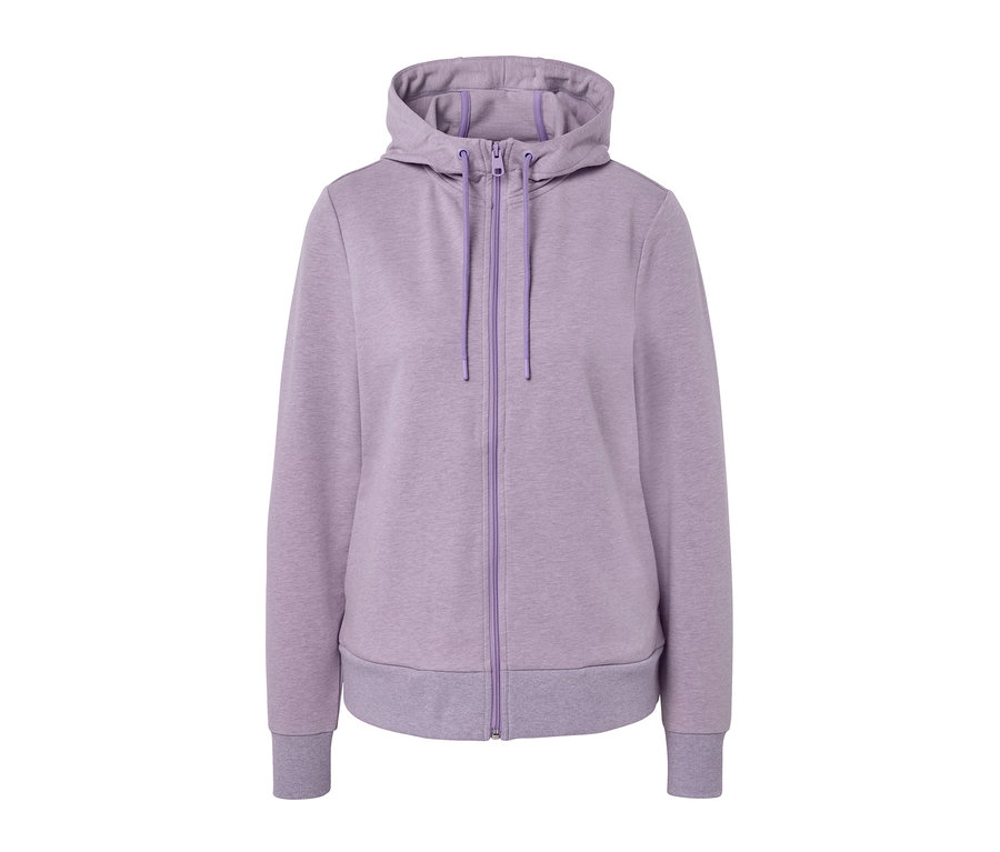Fialová mikina so zipsom a kapucňou.