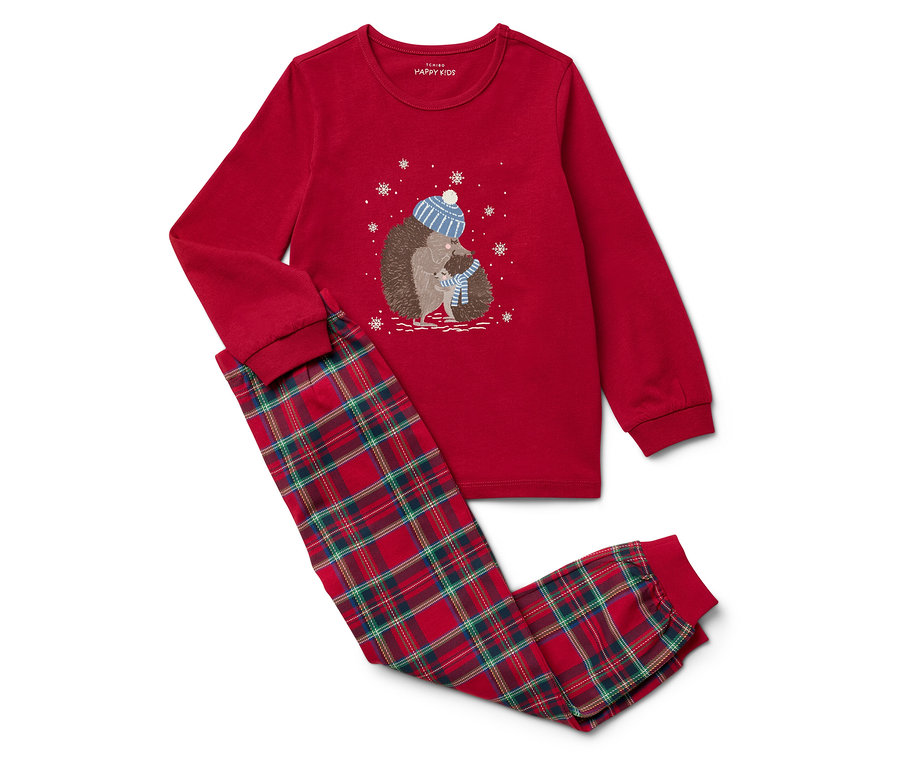Červené pyžamo s dlhým rukávom a károvanými nohavicami. Na tričku je obrázok ježkov.