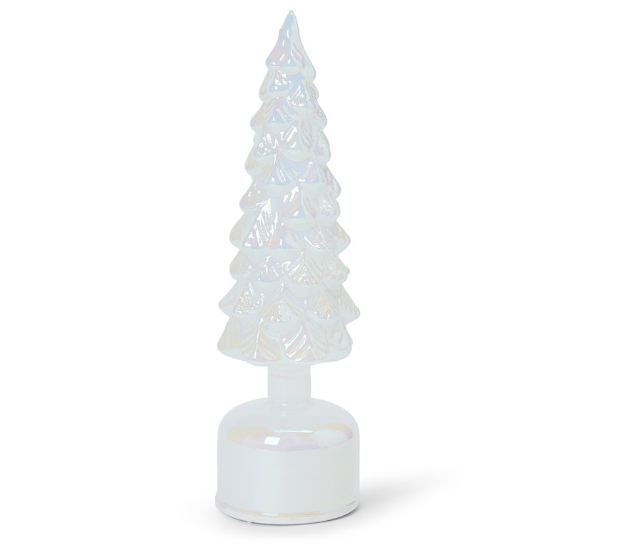Biela sklenená vianočná ozdoba v tvare stromčeka.