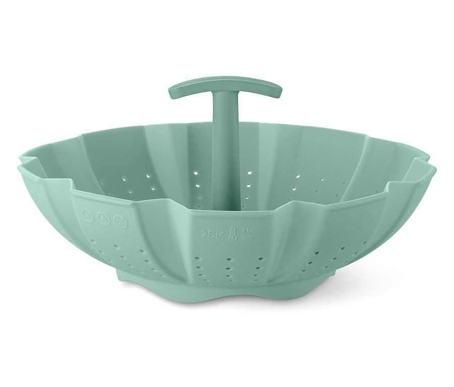 Zelený silikónový parný hrniec s rúčkou v strede.