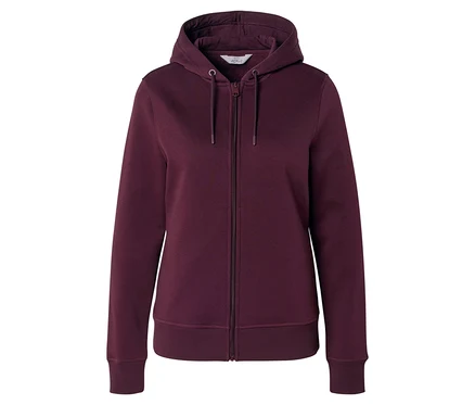 Vínová mikina s kapucňou na zips so sťahovacou šnúrkou na kapucni.