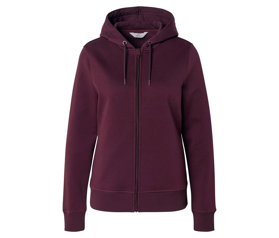Vínová mikina s kapucňou na zips so sťahovacou šnúrkou na kapucni.