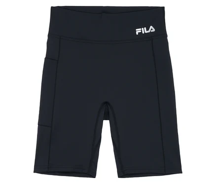 Čierne dámske športové cyklistické šortky FILA s bielym logom na páse a bočným vreckom.