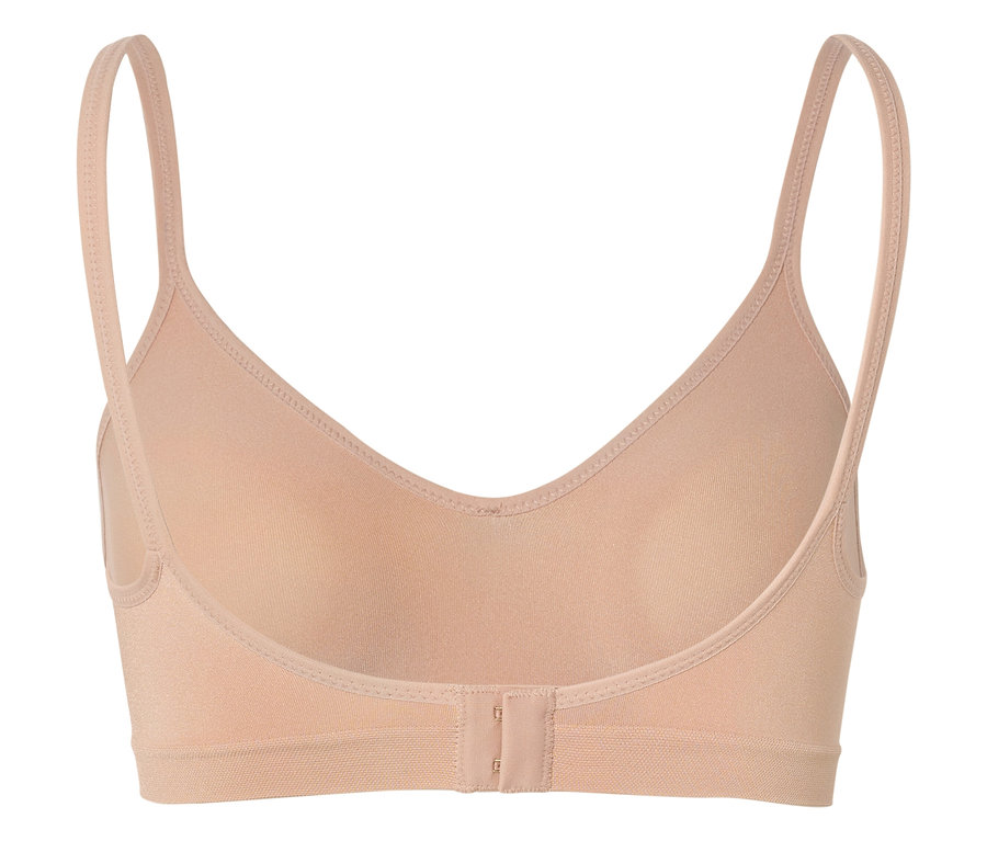 Pohľad zozadu na telovú podprsenku s tenkými ramienkami a zapínaním na háčiky.