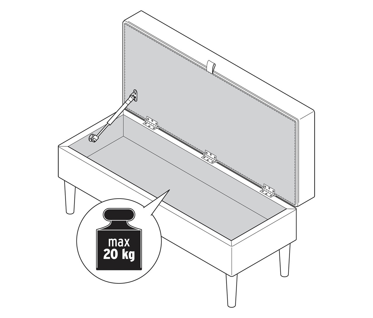 Otvorená čalúnená lavica s odkladacím priestorom a označením maximálnej hmotnosti.