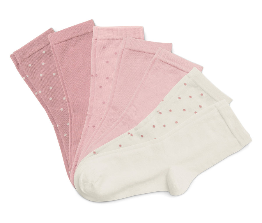 Päť ponožiek usporiadaných do vejára na bielom pozadí. Ponožky sú ružové a biele s bodkovaným vzorom.