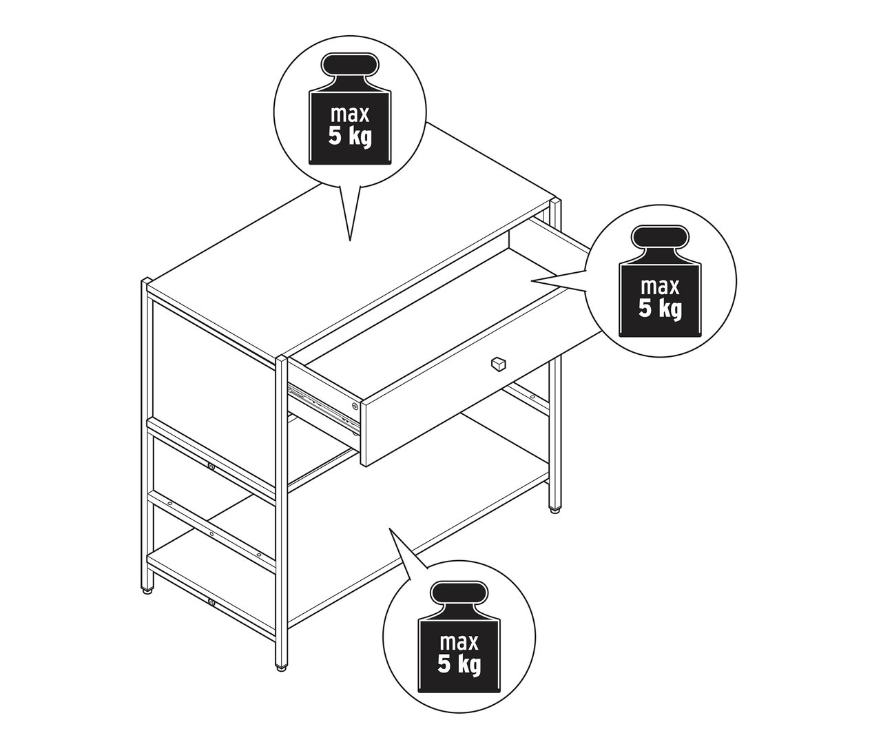 Pohľad zhora na komodu »GRADE« s 2 zásuvkami, z ktorých je jedna otvorená. Maximálne zaťaženie 5 kg.