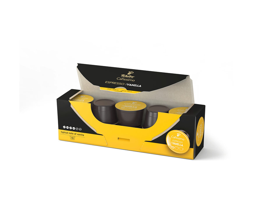 Otvorené, čierno-žlté balenie Cafissimo Flavoured Espresso – Vanilla – 10 kapsúl.