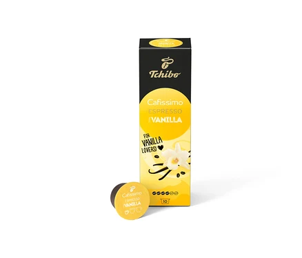 Balenie Cafissimo Flavoured Espresso - Vanilla - 10 kapsúl a jedna kapsula na bielom pozadí.