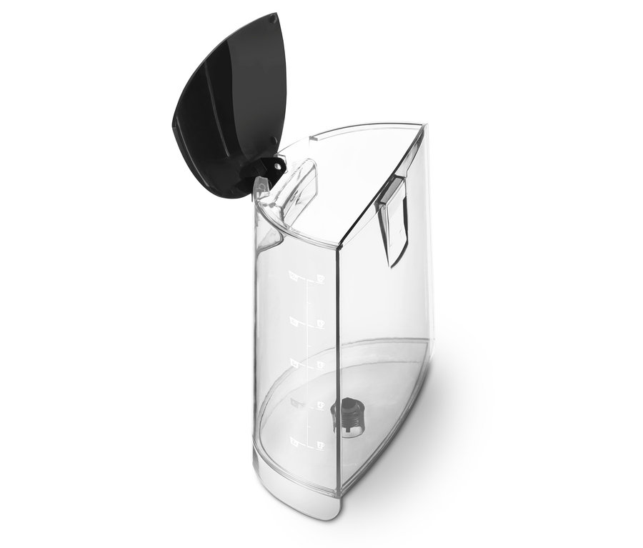 Detailný pohľad na priehľadnú nádobu na vodu kávovaru »Let's Brew« s čiernym vekom.