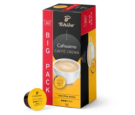 Balenie 30 kapsúl Caffè Crema jemná. Krabička je červeno-čierno-žltá. Kapsula leží vedľa balenia.