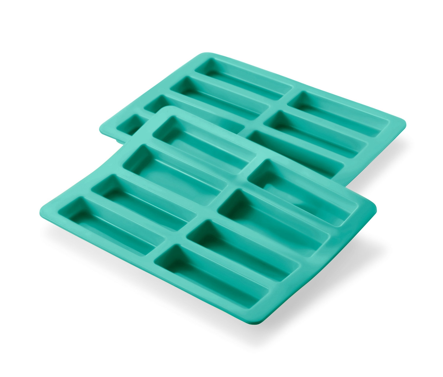 Dve formy na pečenie müsli tyčiniek v tyrkysovej farbe ležia na sebe.