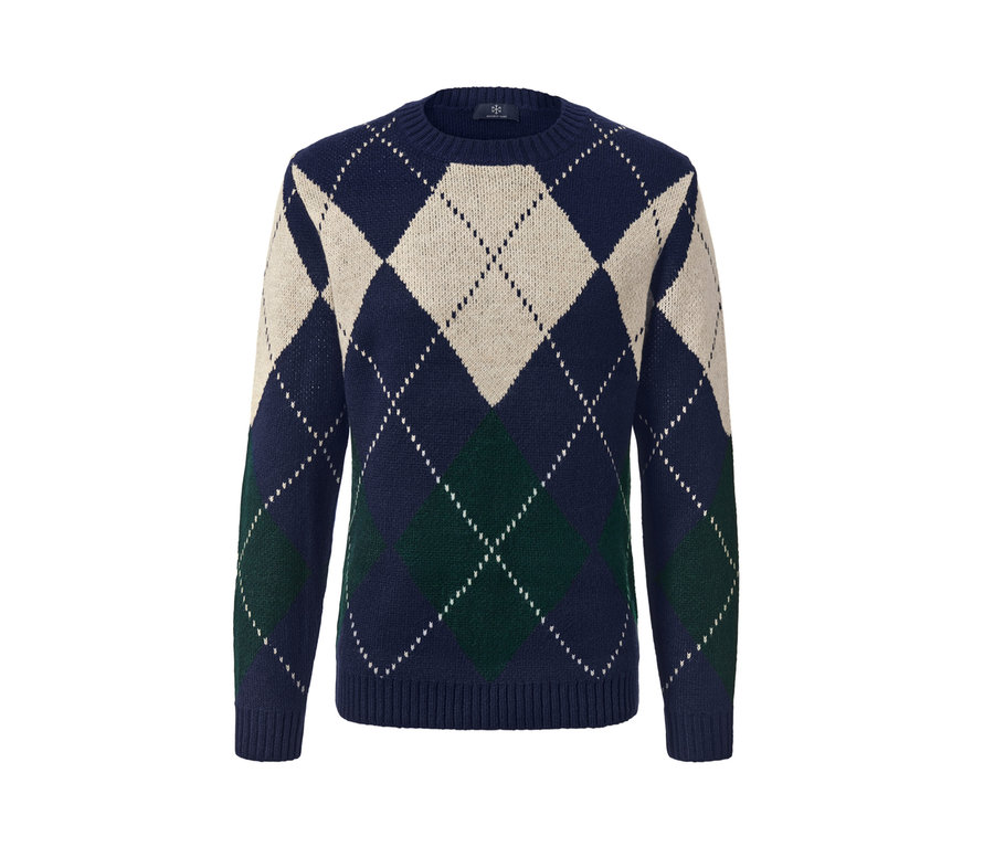 Pletený pulóver s kosoštvorcovým vzorom v tmavomodrej, krémovej a zelenej farbe.