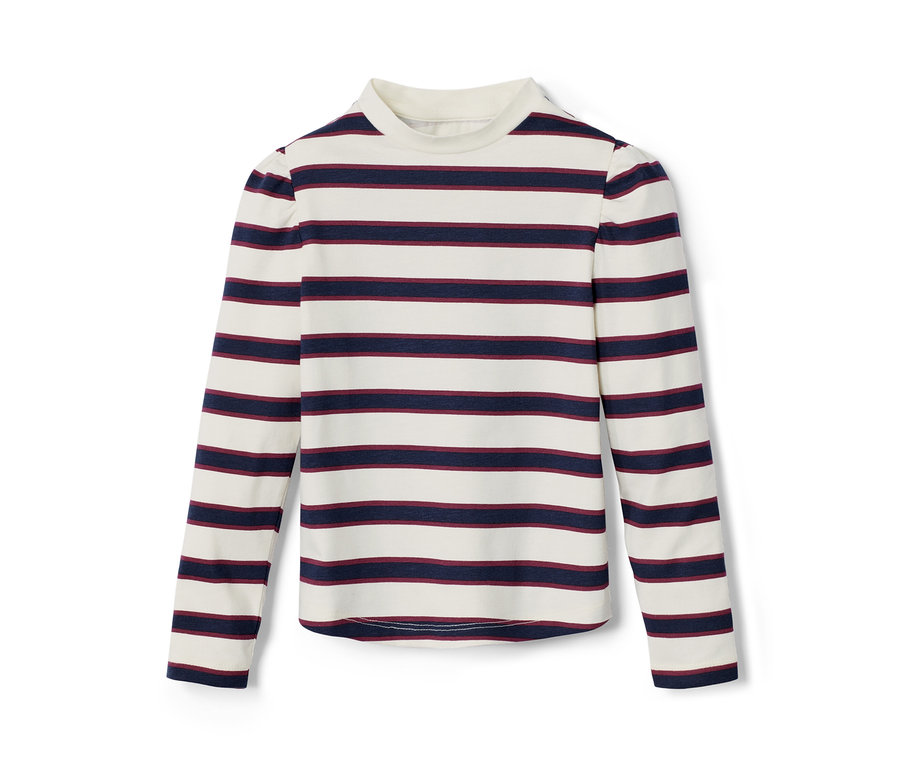 Detské tričko s dlhým rukávom s krémovými a tmavomodrými pruhmi.