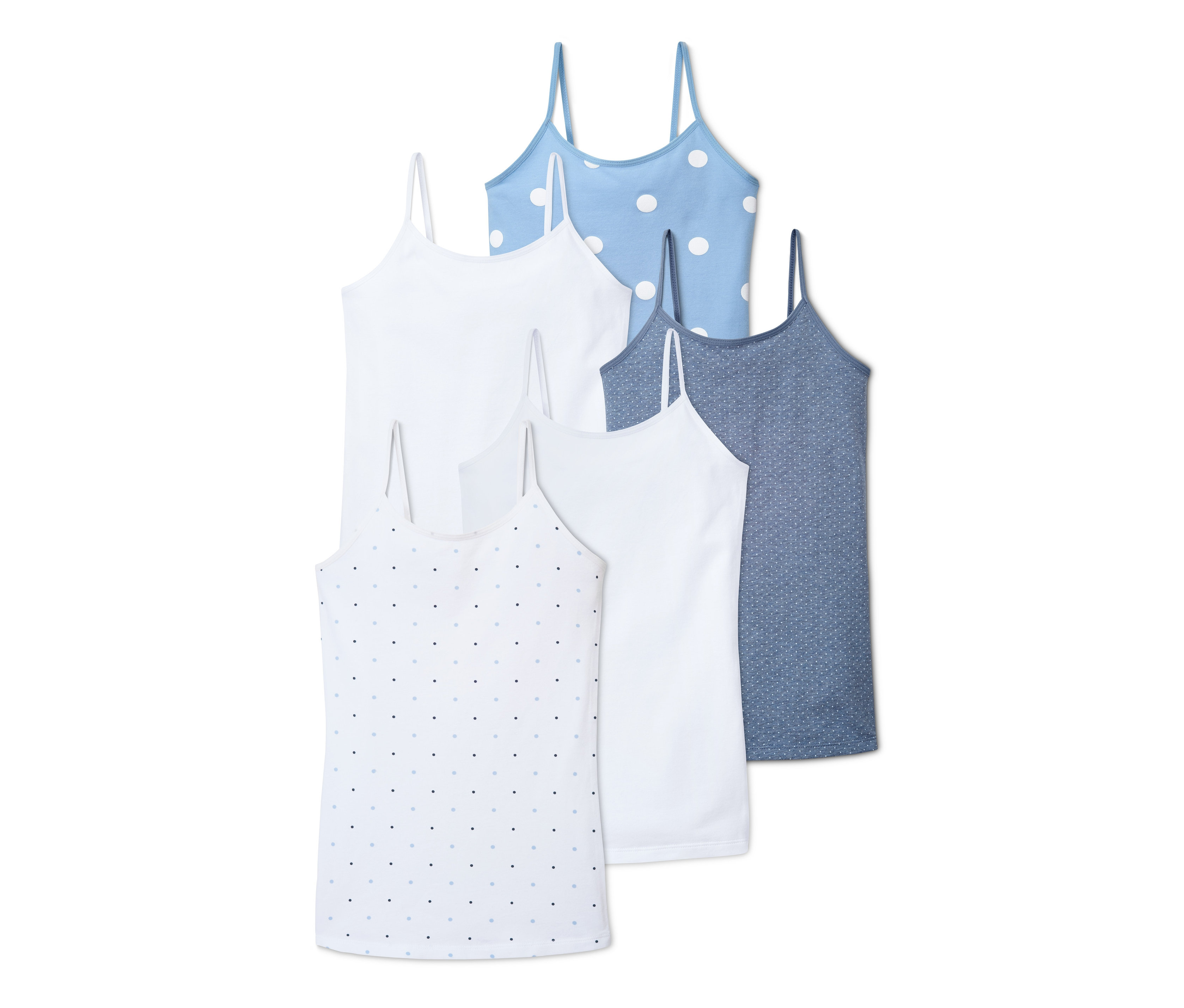 Päť dievčenských tielok v bielej a modrej farbe s potlačou.