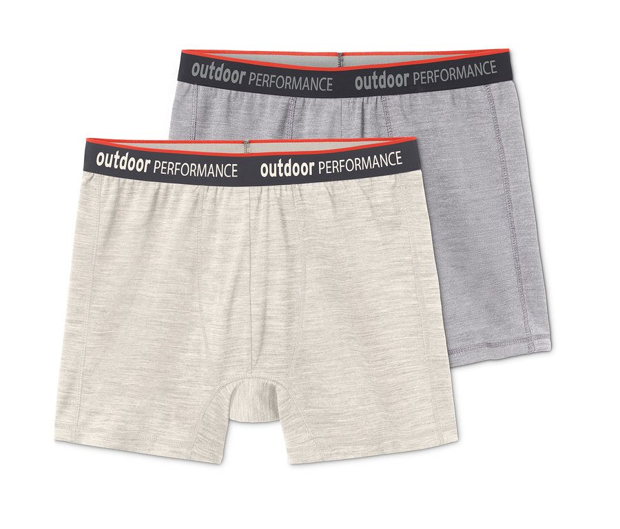 Dvoje boxerky s vlnou s certifikátom RWS, jedny svetlošedé a druhé sivé, ležia na sebe.