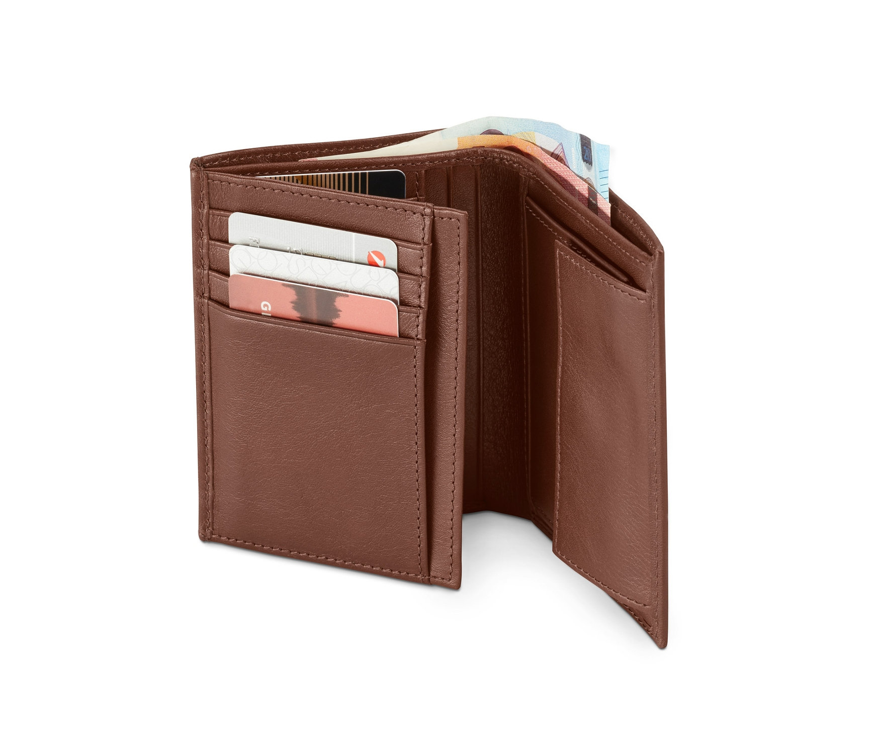 Otvorená kožená peňaženka s kartami a bankovkami.