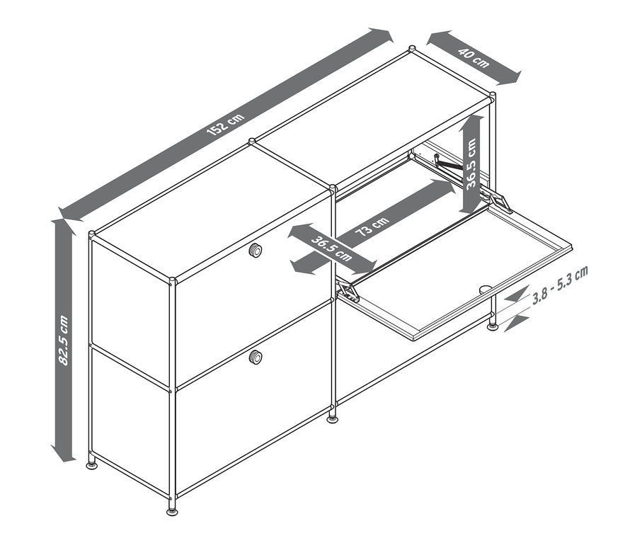Nákres odkladacej skrinky »CN3« so 4 výklopnými dvierkami a rozmermi.