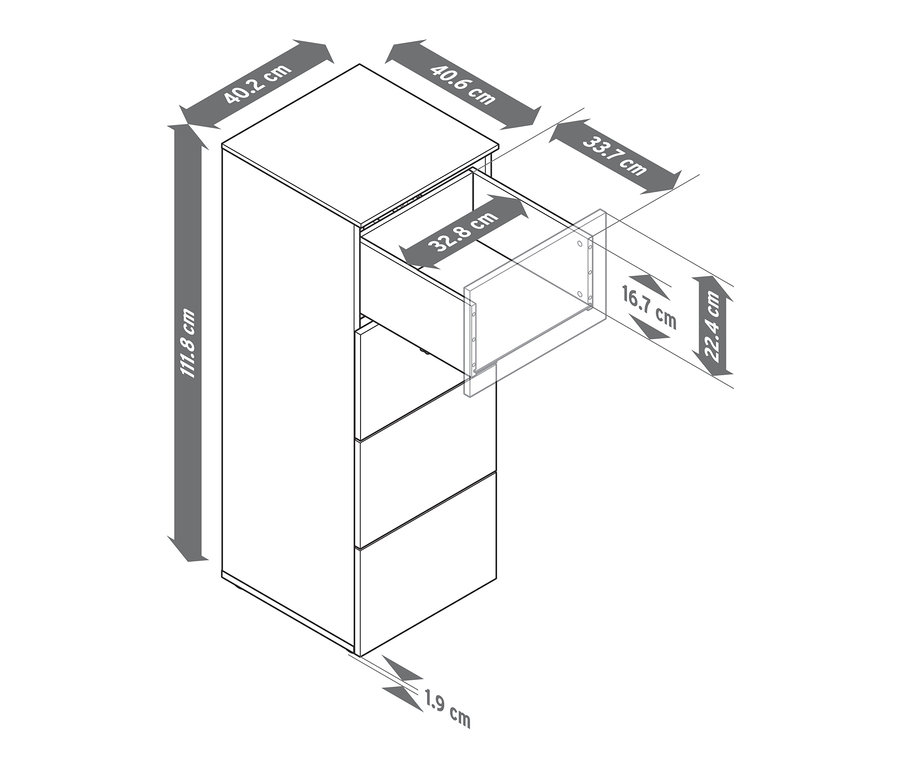 Nákres komody s otvorenou hornou zásuvkou a uvedenými rozmermi.