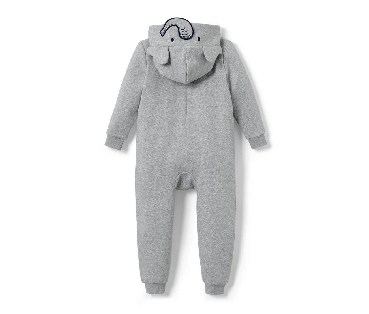 Sivý detský domáci overal s kapucňou a aplikáciou slona.