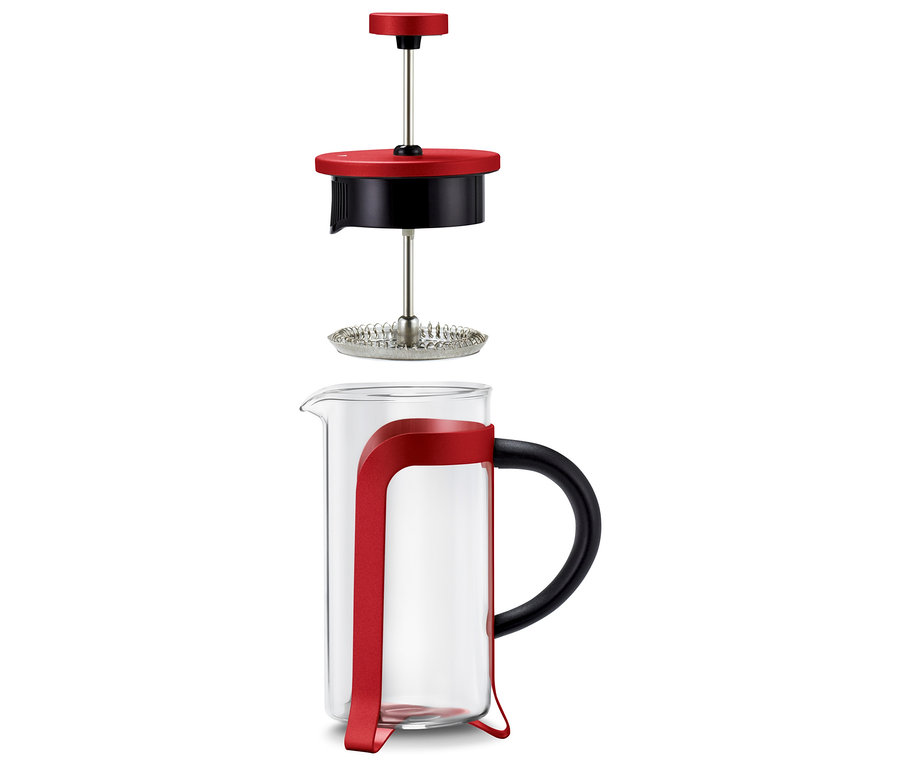 Rozložená červená kanvica french press 300 ml s 2 šálkami.