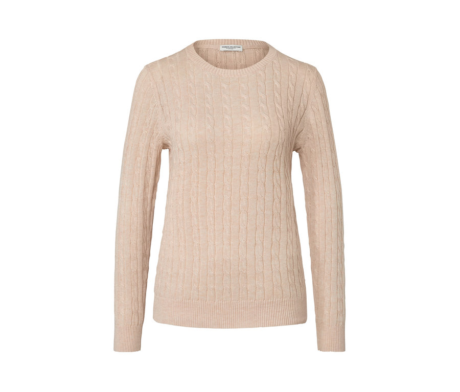 Krémový pletený pulóver s vrkočovým vzorom.