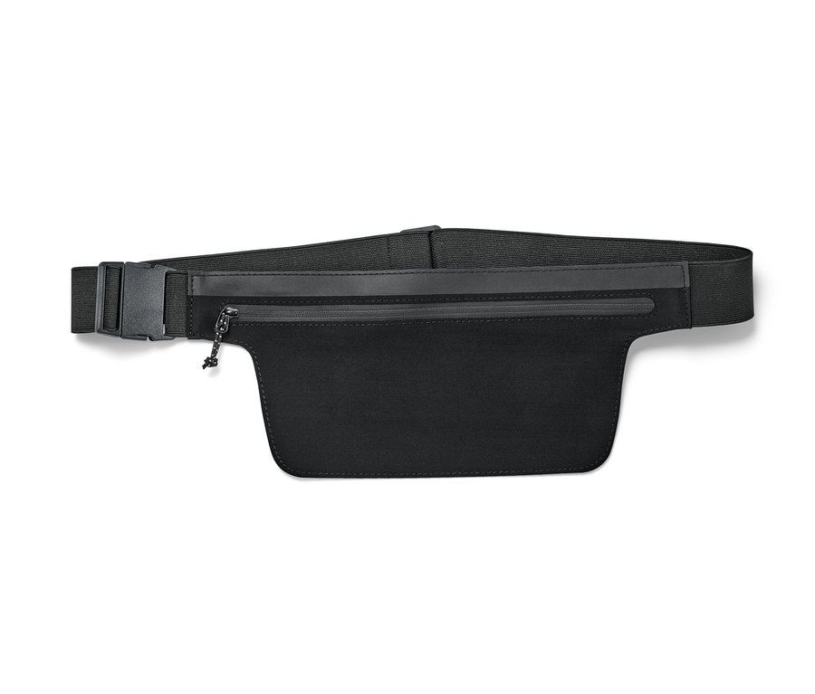 Čierny bežecký opasok na smartfón s elastickým popruhom a sponou.