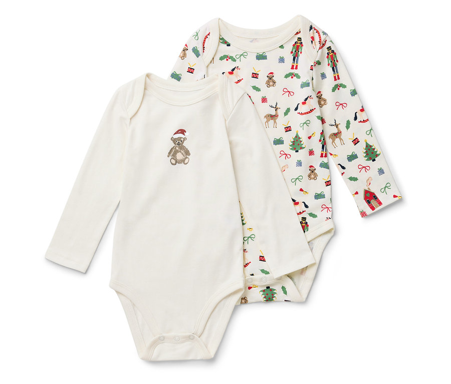 Dve detské body s dlhým rukávom. Jedno s vianočnou potlačou, druhé s medvedíkom v čiapke.