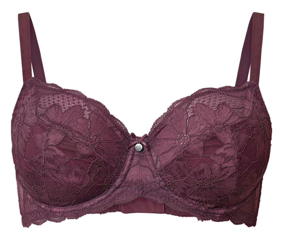 Fialová čipkovaná podprsenka s kosticami na bielom pozadí.