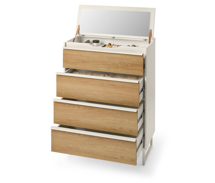 Komoda so štyrmi zásuvkami s otvorenou hornou časťou, ktorá odhaľuje zrkadlo a kozmetiku.