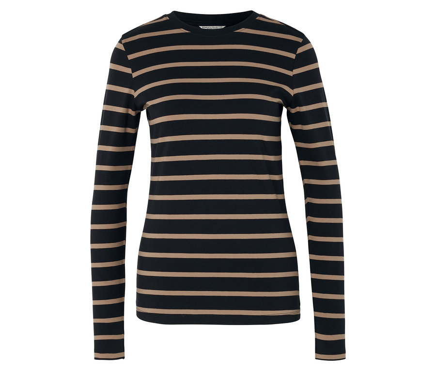 Čierno-béžová pruhovaná blúzka s dlhým rukávom.