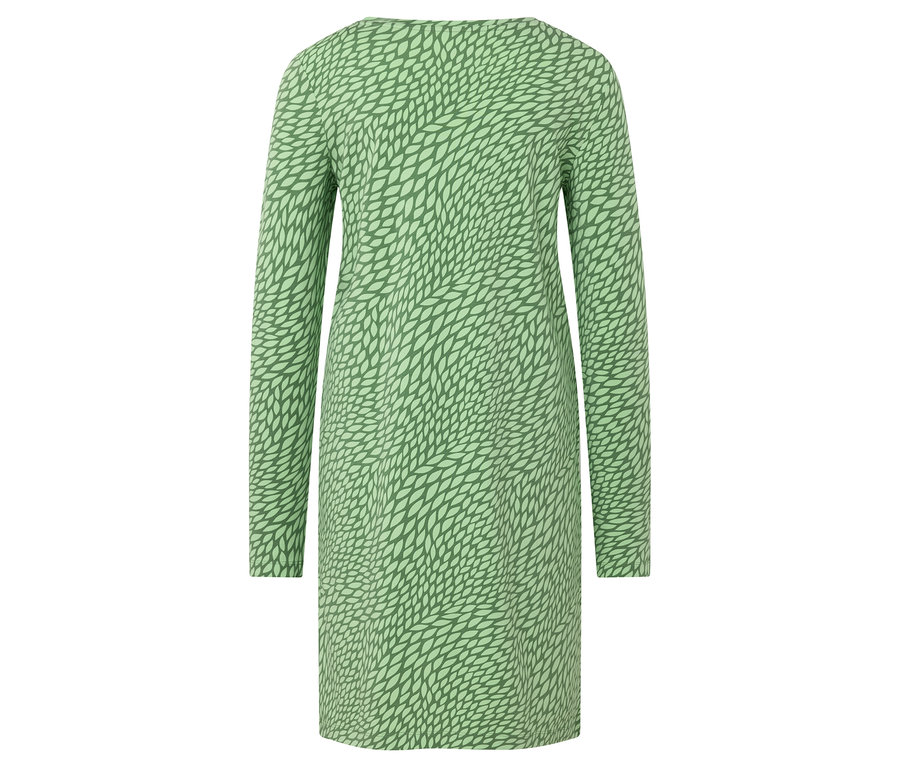 Pohľad zozadu na zelené šaty s dlhým rukávom a listovým vzorom.
