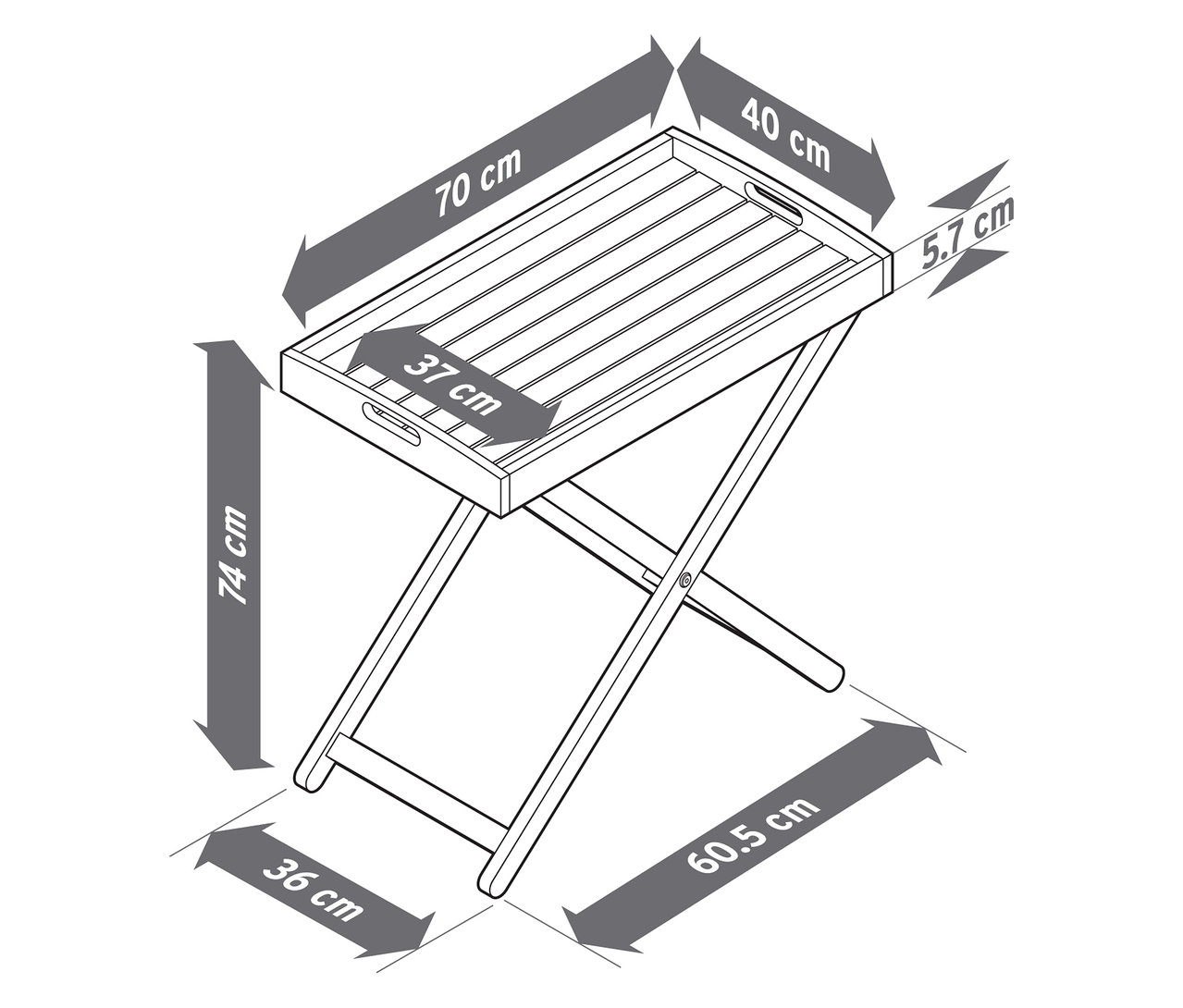 Diagram znázorňuje rozmery skladacieho stolíka s podnosom. Rozmery podnosu sú 70 x 40 cm a výška stolíka je 74 cm.