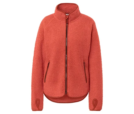 Oranžová fleecová bunda na zips s vreckami.