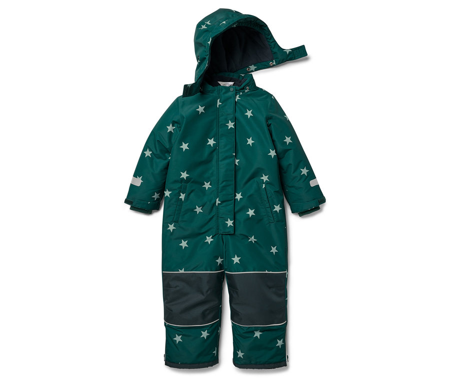 Tmavozelená zimná kombinéza s bielymi hviezdami a kapucňou.