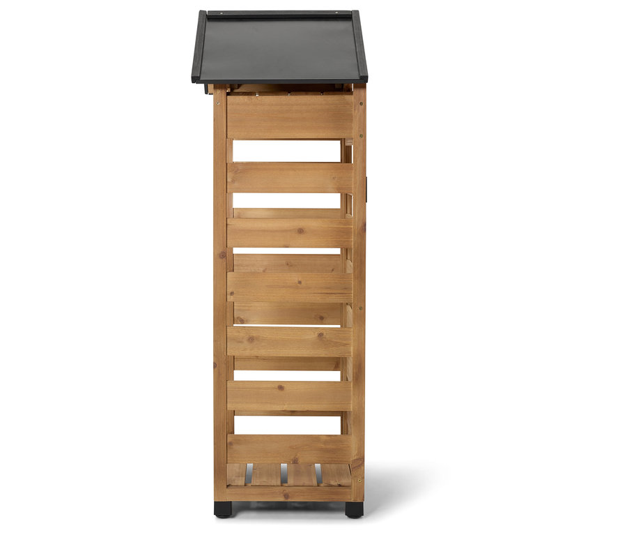 Drevená skriňa s čiernou strechou a vodorovnými lamelami.