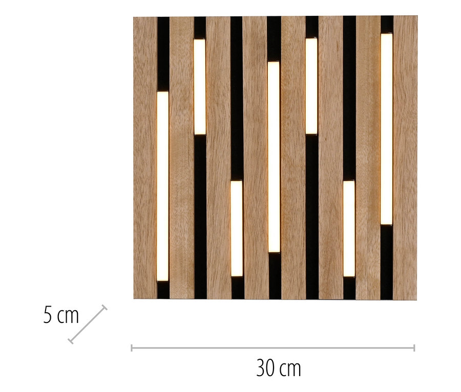 Dekoratívny drevený panel s LED osvetlením, rozmery 30 x 30 cm.