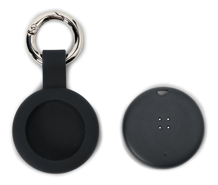 Čierne silikónové puzdro s karabínou a čierne zariadenie na bielom pozadí.