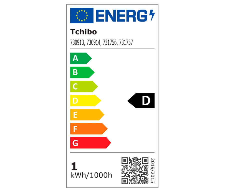 Energetický štítok Tchibo s triedou energetickej účinnosti D a spotrebou 1 kWh/1000h.