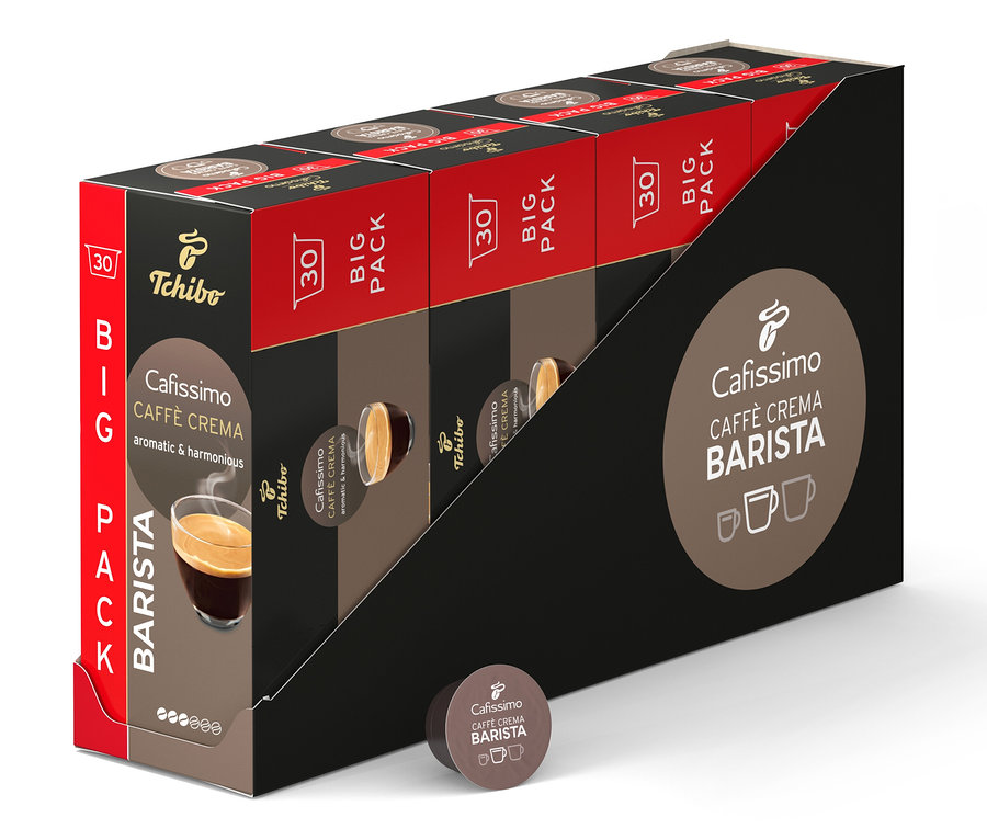 Niekoľko balení kávových kapsúl Tchibo Cafissimo Caffe Crema Barista v čiernom držiaku.
