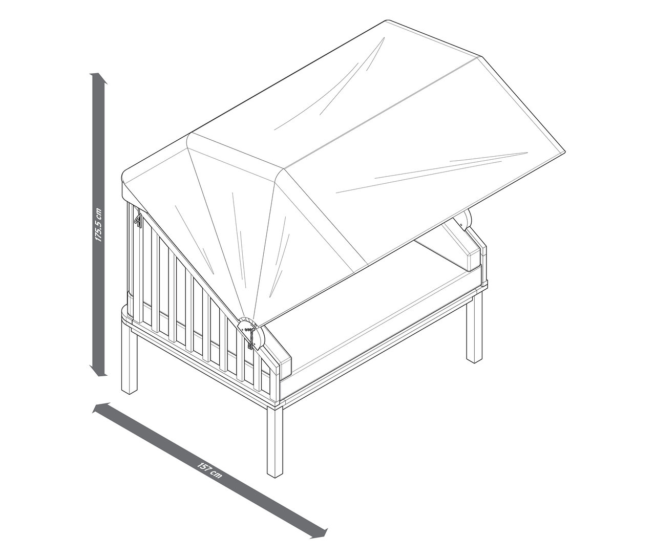 Nákres plážového kresla prémiovej kvality so strieškou na ochranu pred slnkom, rozmery 175,5 cm na výšku a 157 cm na šírku.