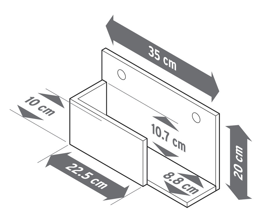 Ilustrácia jedného držiaka police zo Súpravy 3 regálov z masívneho dreva s rozmermi.
