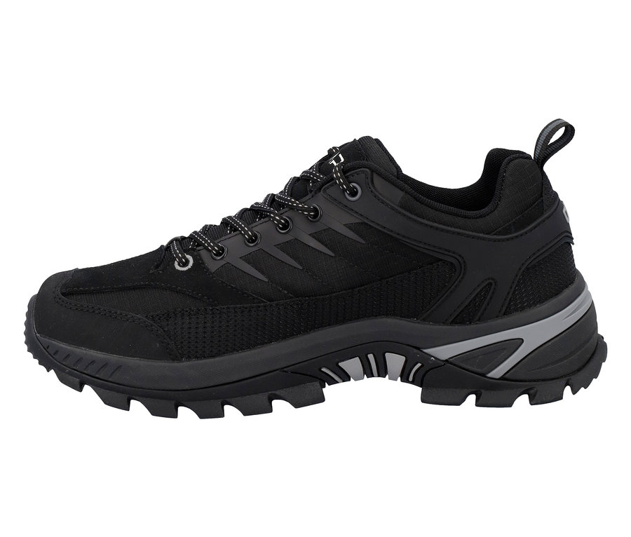 Čierna treková obuv so šnúrkami a sivými akcentmi.