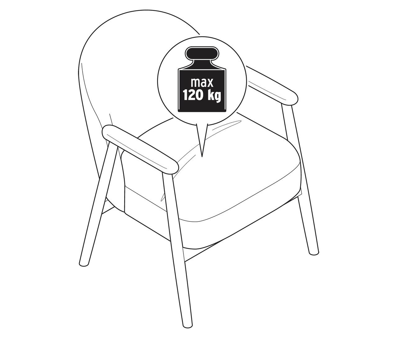 Obrysový nákres kresla s opierkami rúk a dreveným rámom, s údajom o maximálnej hmotnosti 120 kg.
