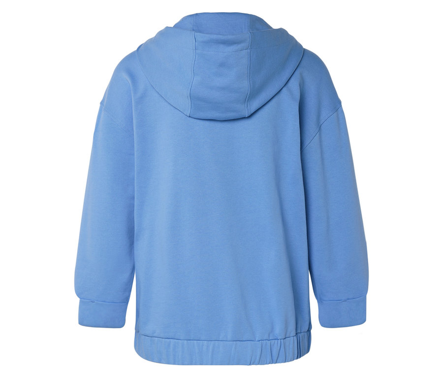 Pohľad zozadu na svetlomodrú mikinu s kapucňou, dlhými rukávmi a elastickým lemom.