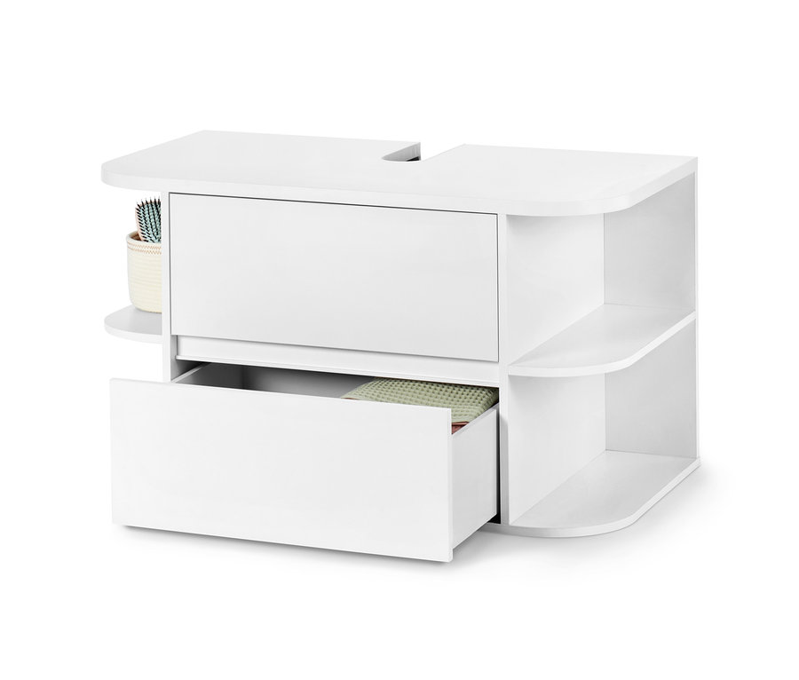 Biela okrúhla umývadlová skrinka s otvorenou zásuvkou.